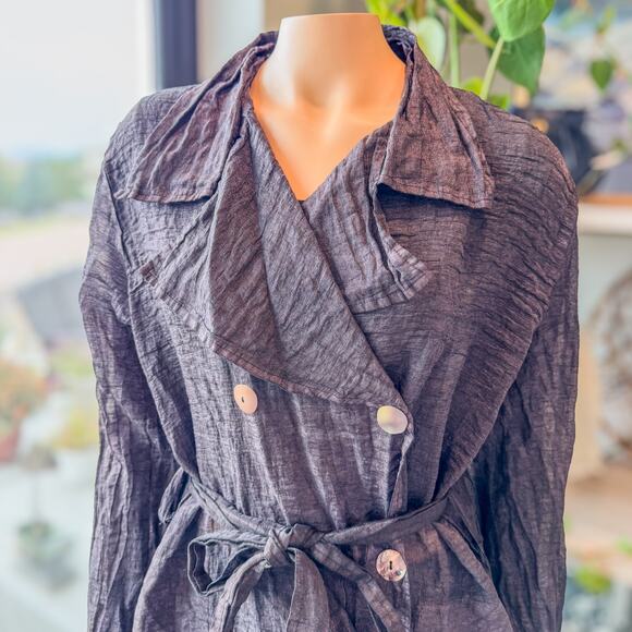 Cut Loose, Sheer Wrinkle Linen Silk Blend Trench Coat Brown w/ Gold Sheen-Medium - Picture 8 of 10